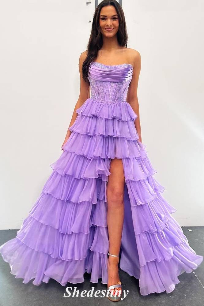 Royal Blue Strapless Rhinestone Ruffle Layered Prom Dress with Slit