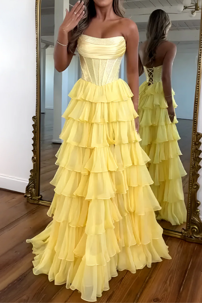 Royal Blue Strapless Rhinestone Ruffle Layered Prom Dress with Slit