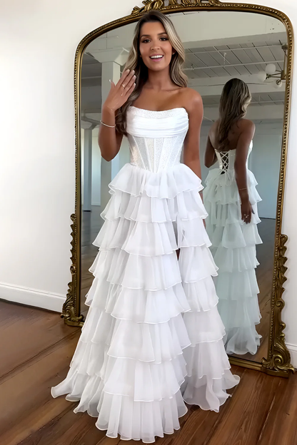 Royal Blue Strapless Rhinestone Ruffle Layered Prom Dress with Slit