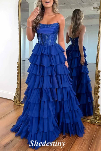 Royal Blue Strapless Rhinestone Ruffle Layered Prom Dress with Slit
