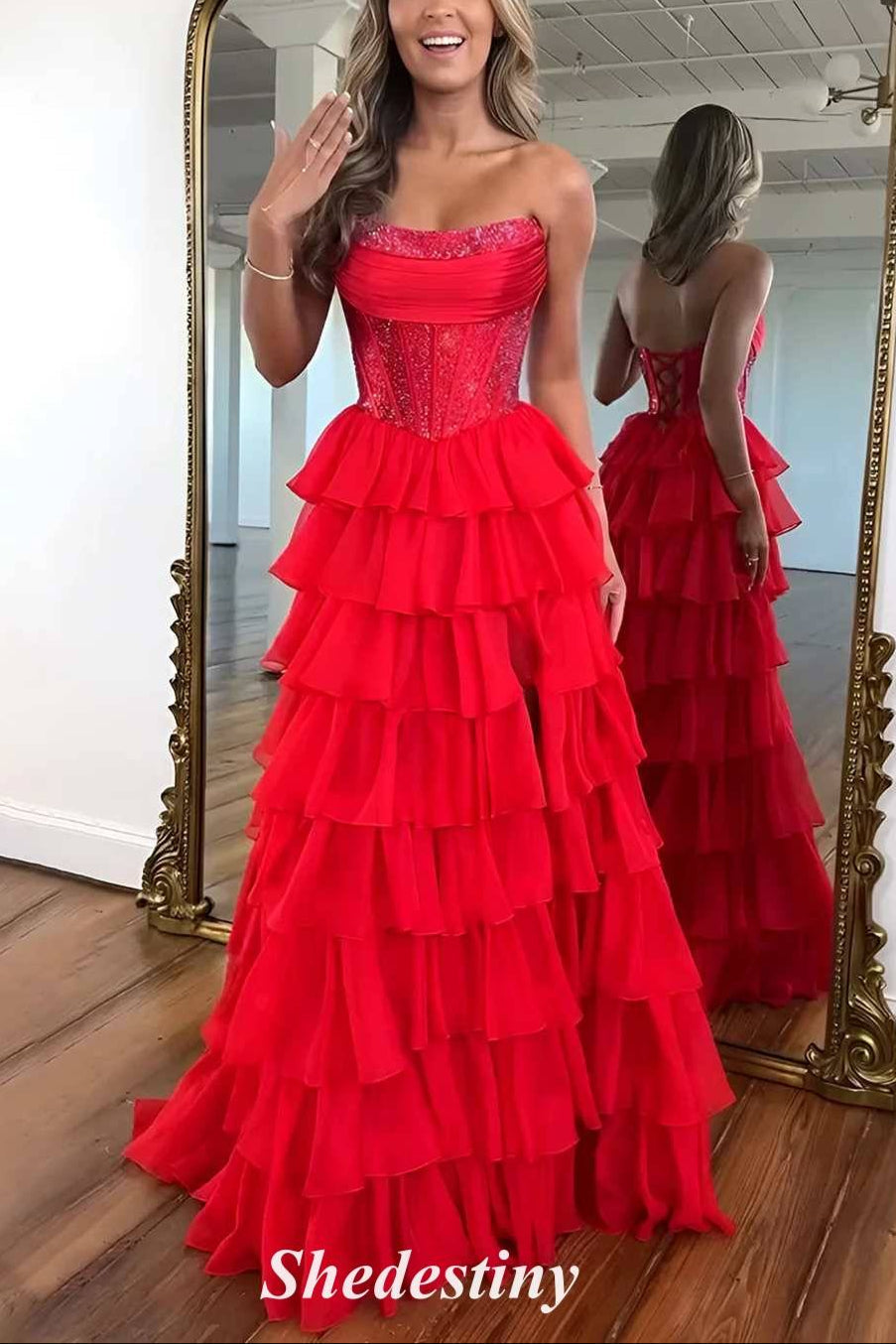 Royal Blue Strapless Rhinestone Ruffle Layered Prom Dress with Slit