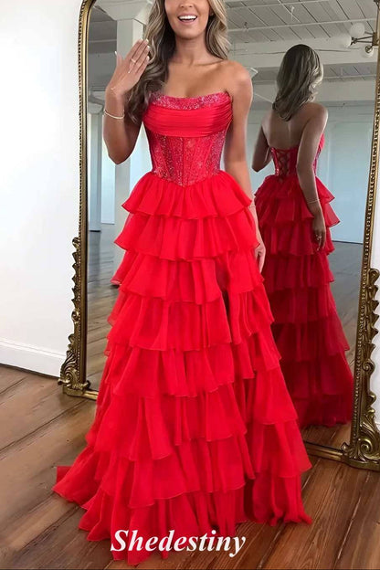 Royal Blue Strapless Rhinestone Ruffle Layered Prom Dress with Slit