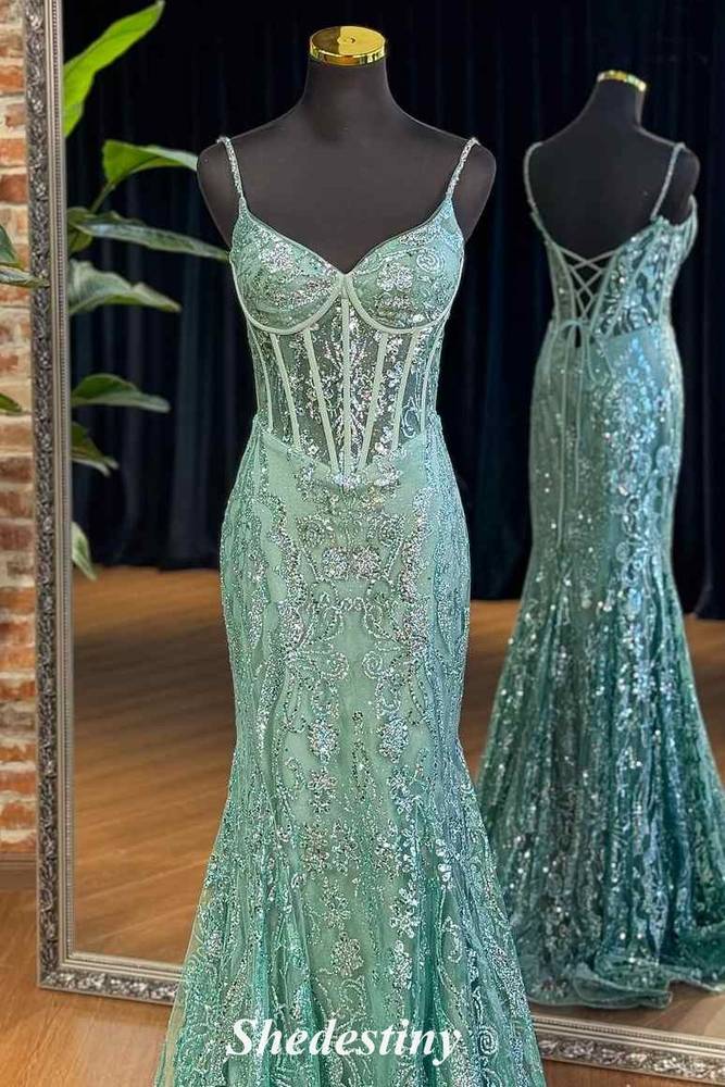 V-Neck Sage Green Mermaid Sequin Applique Prom Dress
