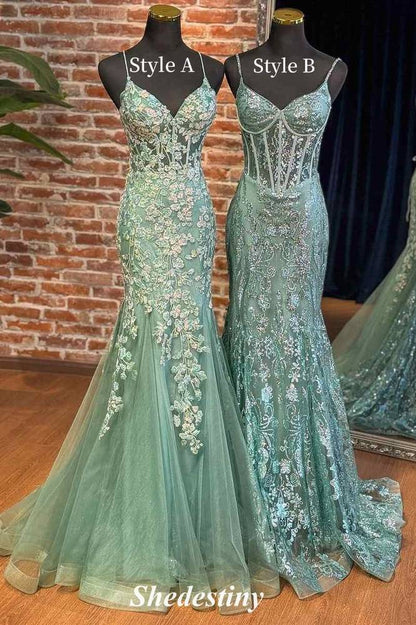 V-Neck Sage Green Mermaid Sequin Applique Prom Dress