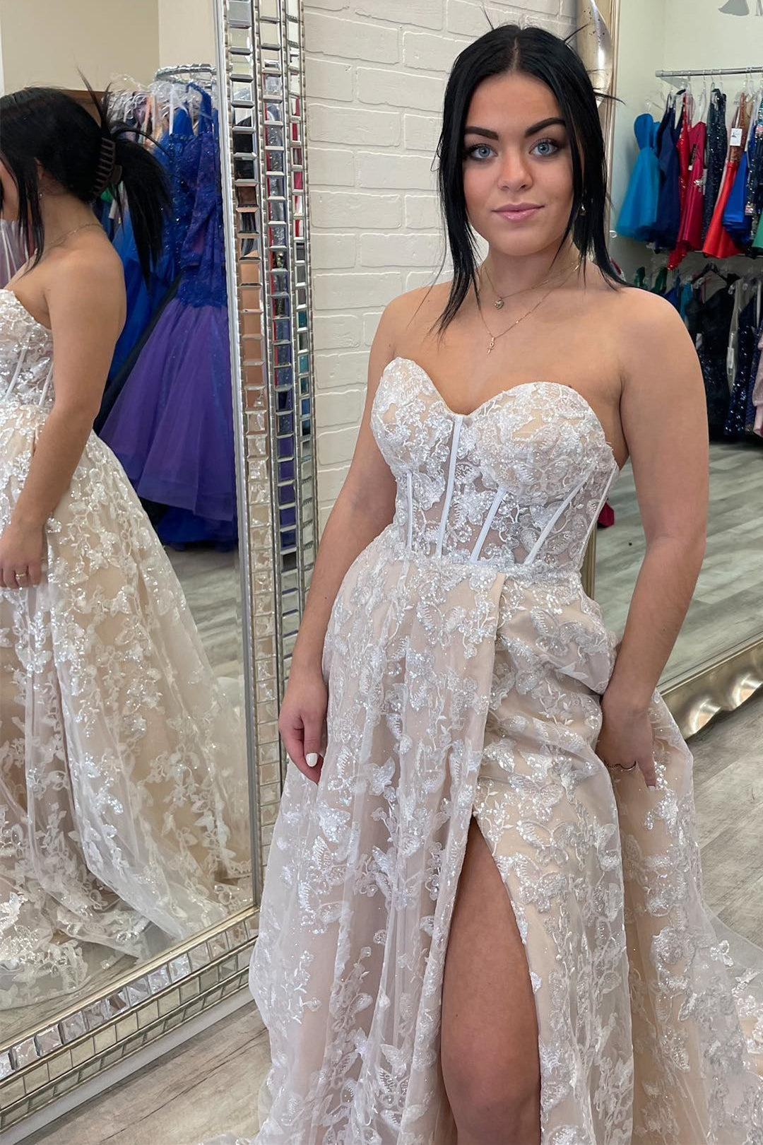 Sparkle Princess Lavender Bustier Puff Sleeve Lace Long Prom Gown