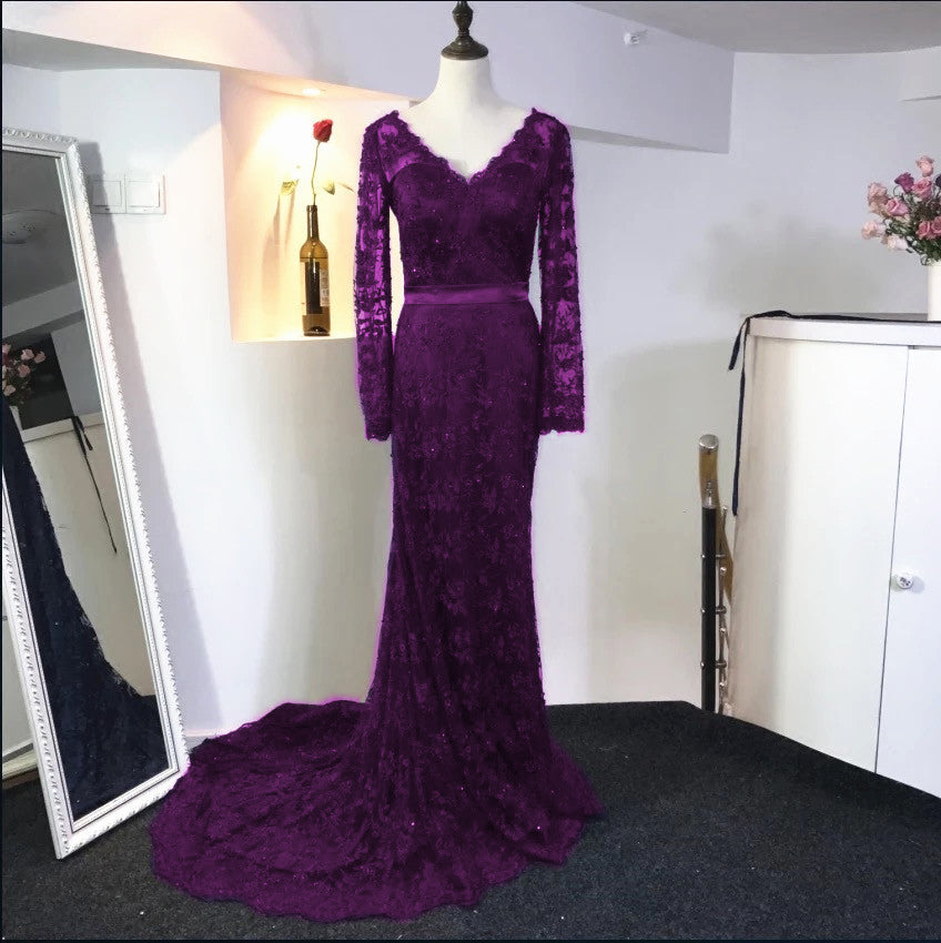 Lace Long Sleeves V Neck Mermaid Dresses