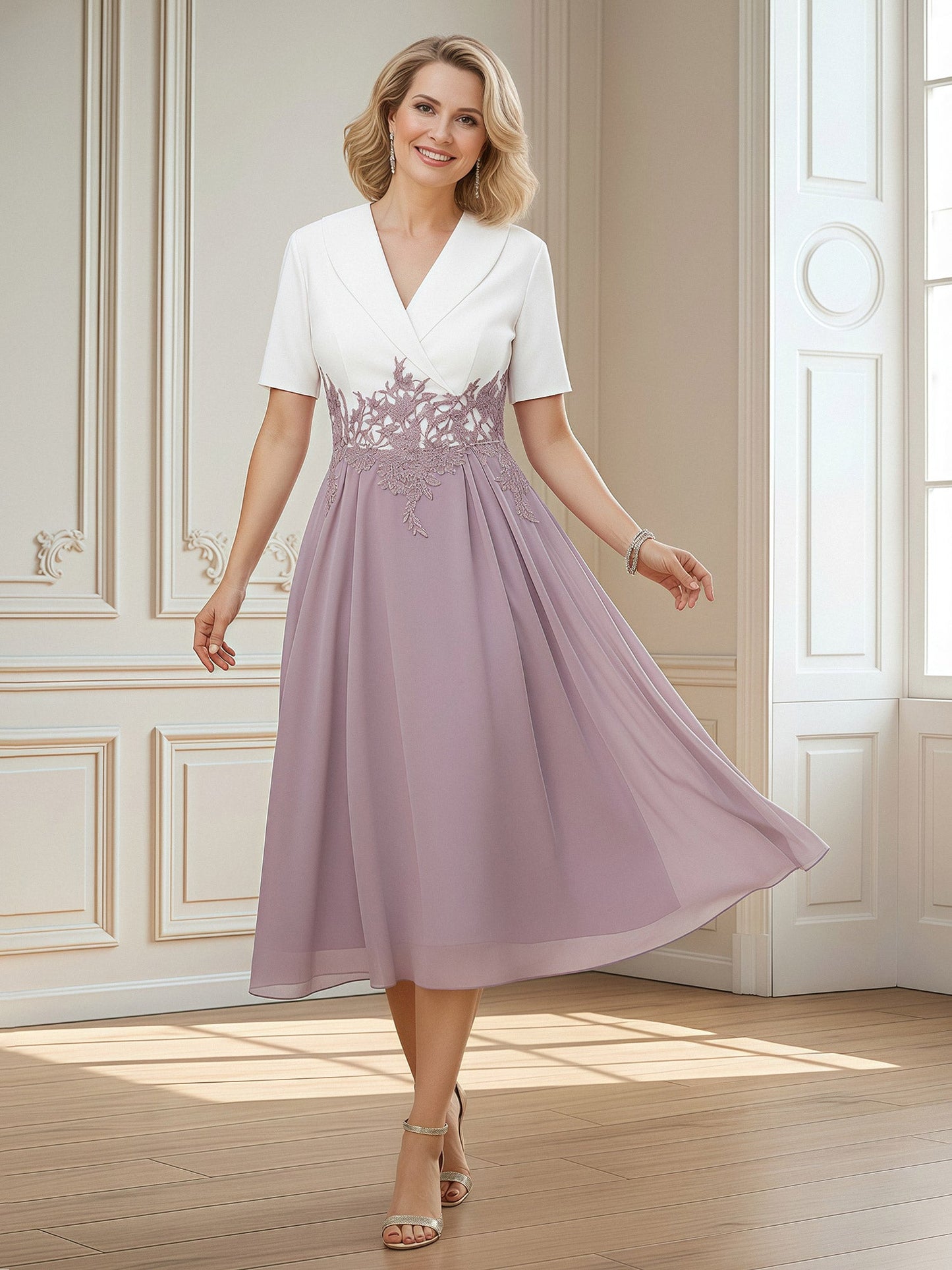 Short Sleeves V-neck Satin Chiffon A-Line Dress Dusk