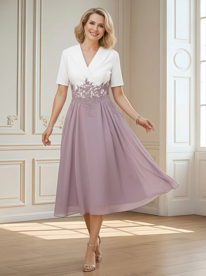 Short Sleeves V-neck Satin Chiffon A-Line Dress Dusk