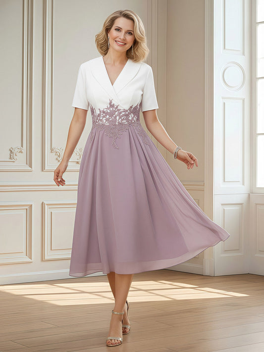 Short Sleeves V-neck Satin Chiffon A-Line Dress Dusk