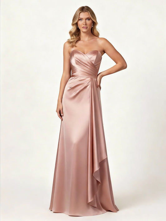 Strapless Sweetheart Neck Wrap Satin Gown Dusty Rose
