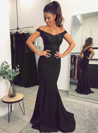 Mermaid V Neck Dresses Off Shoulder Appliques Train