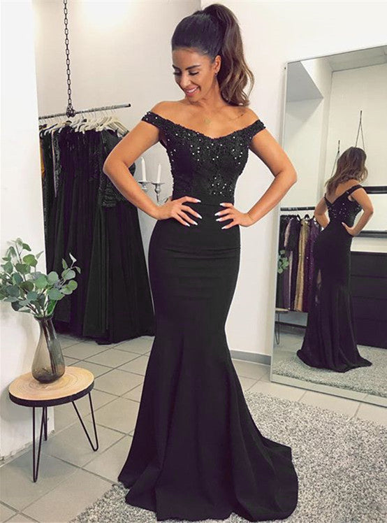 Mermaid V Neck Dresses Off Shoulder Appliques Train