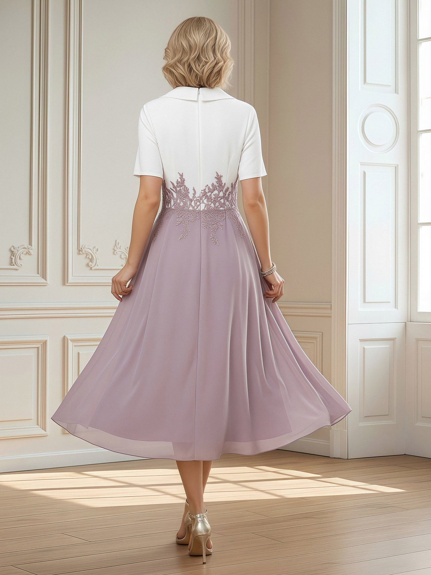 Short Sleeves V-neck Satin Chiffon A-Line Dress Dusk