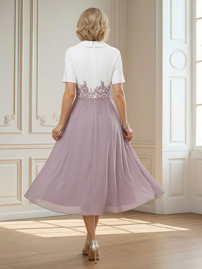 Short Sleeves V-neck Satin Chiffon A-Line Dress Dusk