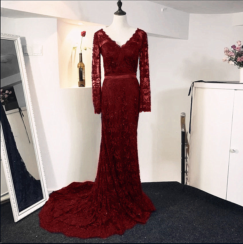 Lace Long Sleeves V Neck Mermaid Dresses