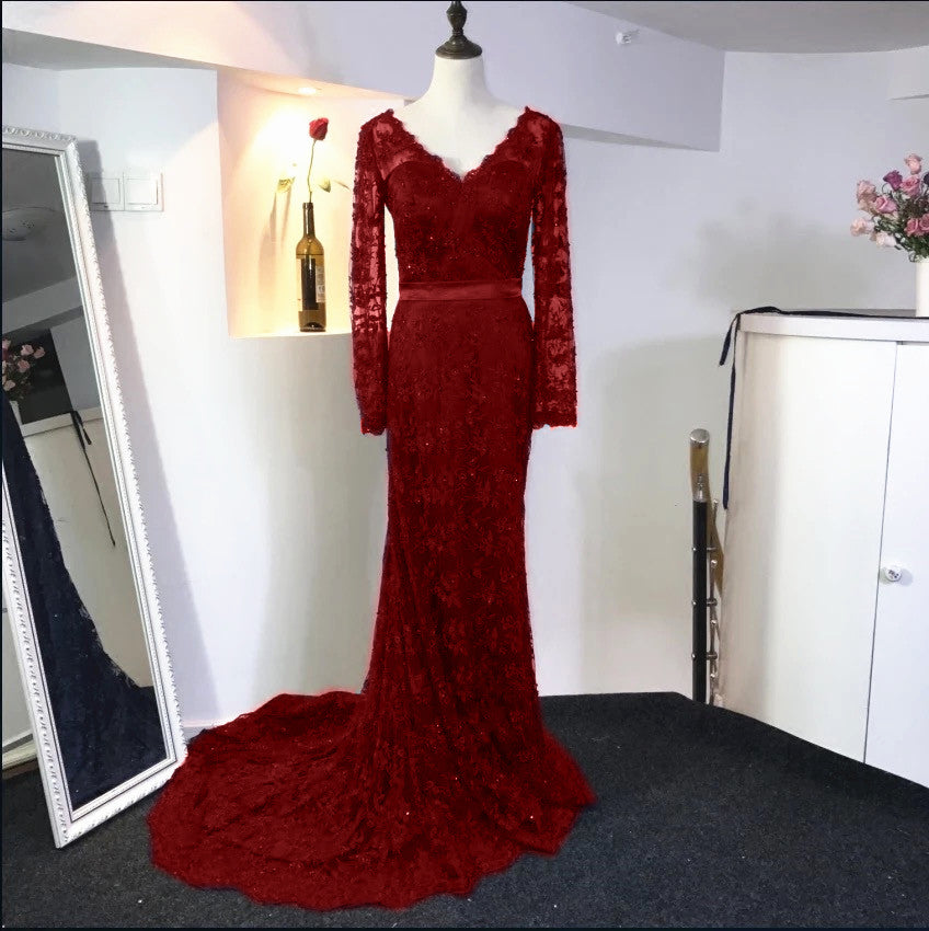 Lace Long Sleeves V Neck Mermaid Dresses