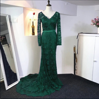 Lace Long Sleeves V Neck Mermaid Dresses