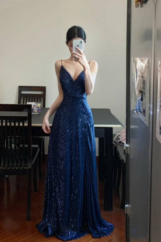 Purple thin shoulder strap sequin long V-neck sexy mature elegant Prom formal graduation dress gh6627