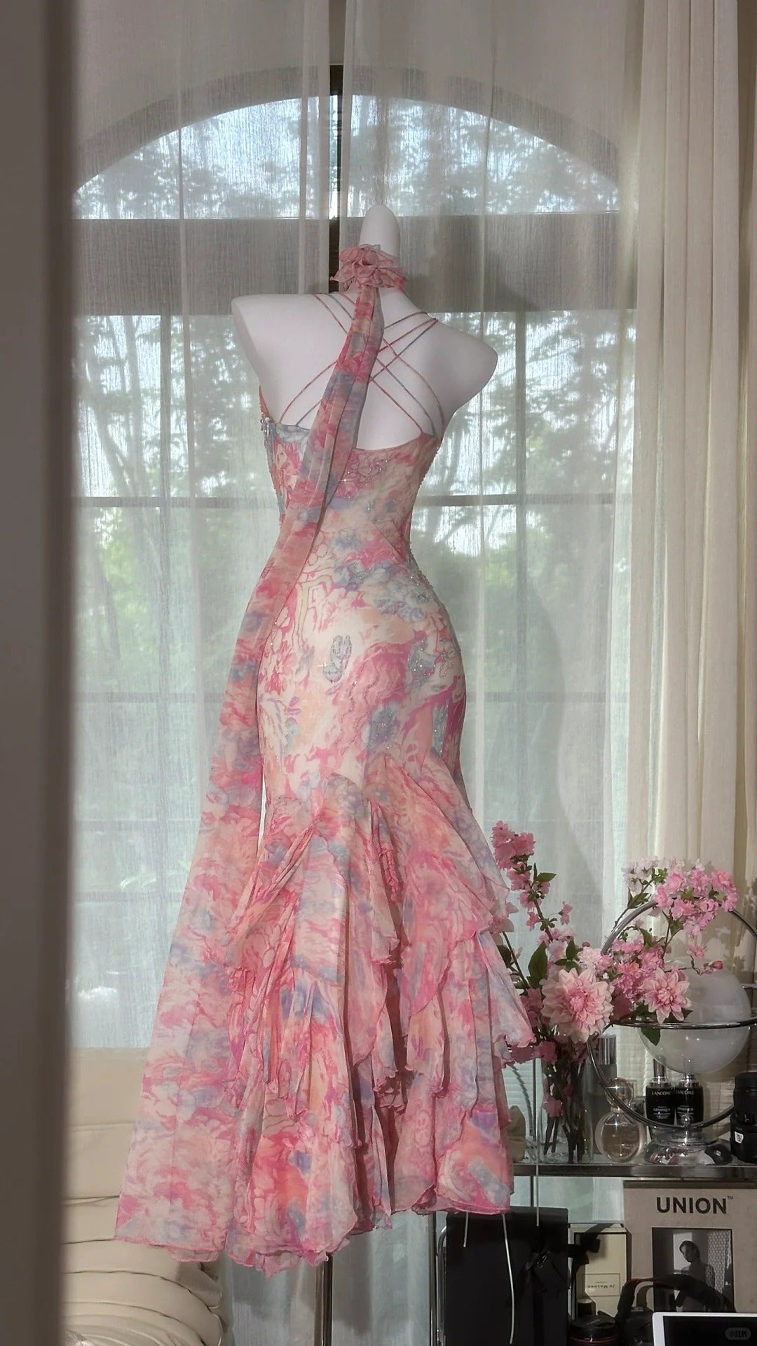 Pink Floral Elegant Romantic Long Chiffon Ball Gown Evening Dress Party Dress gh4403