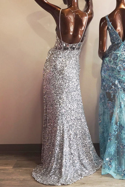 Emerald Green Sequin Cut Glass Mirror Long Prom Dress with Slit