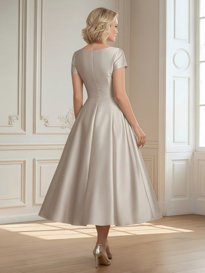 A-Line Scoop Satin Tea-Length Dress With Pleated Ivory