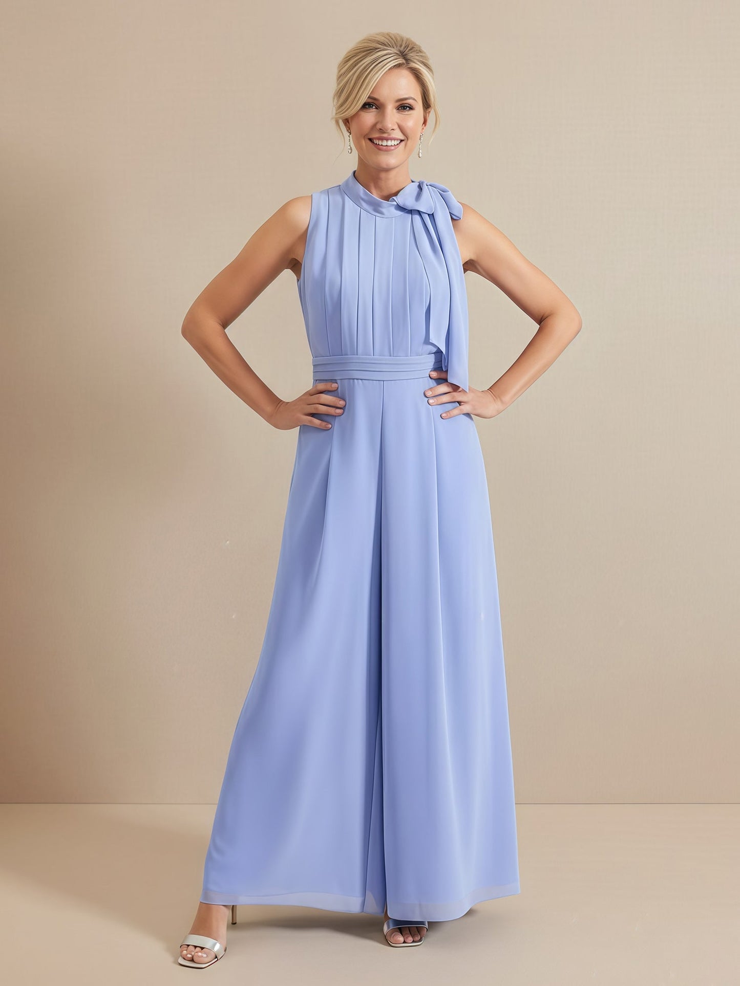 Bow High Neck Pleated Sleeveless Jumpsuit Lavender
