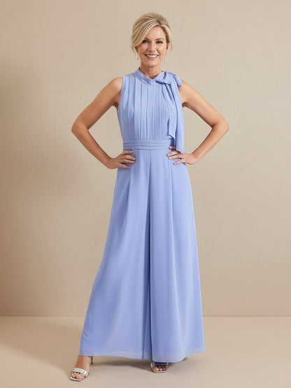 Bow High Neck Pleated Sleeveless Jumpsuit Lavender