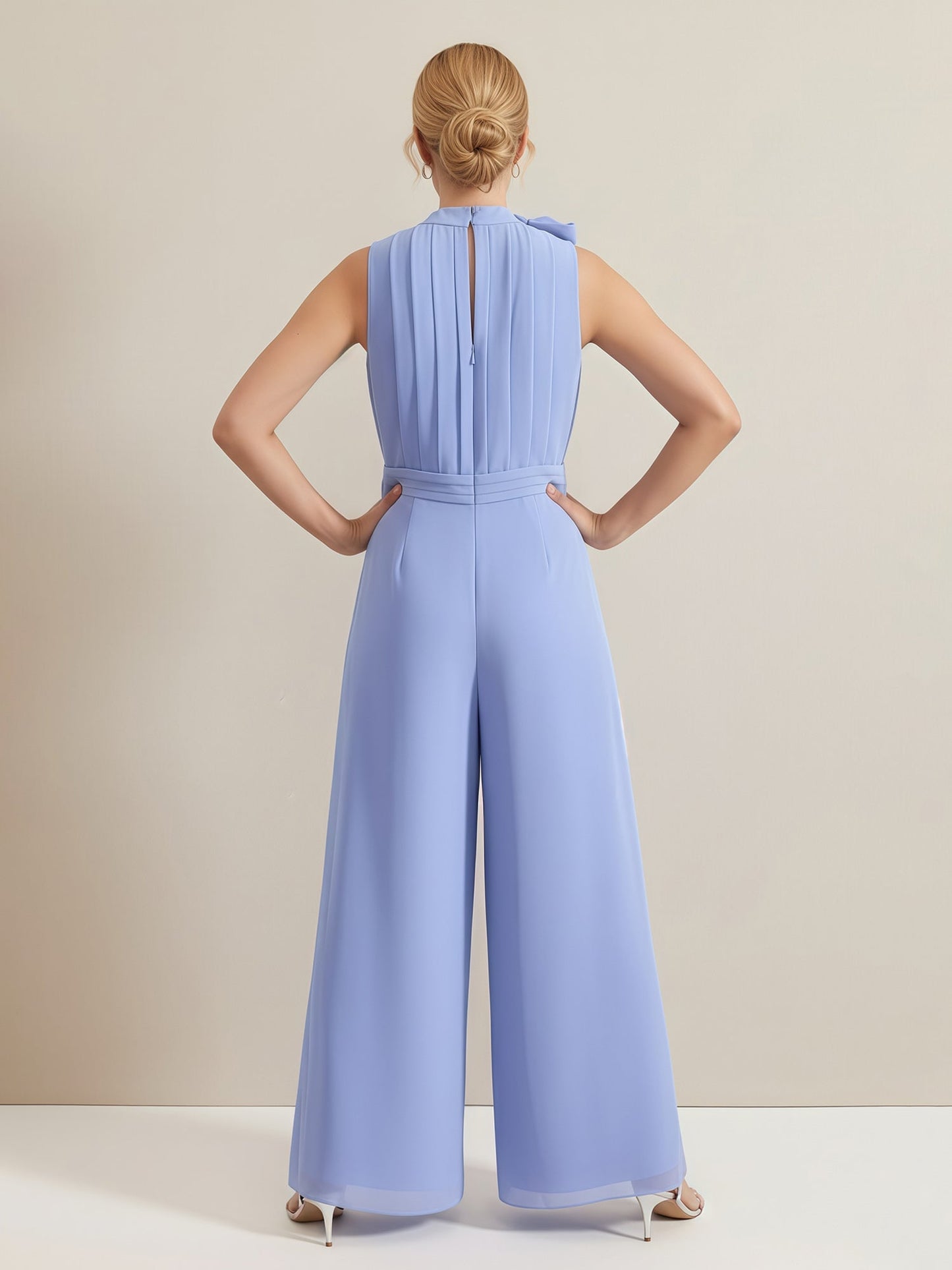 Bow High Neck Pleated Sleeveless Jumpsuit Lavender