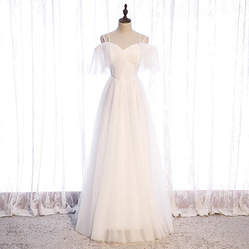 White Tulle Long Prom Dress A Line Simple Wedding Dress