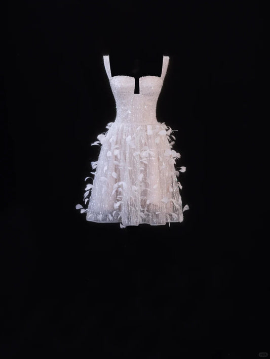 Girlhomeshops-Pink Feather Exquisite Beaded Short Tulle Homecoming Dress Birthday Party Dress gh5377
