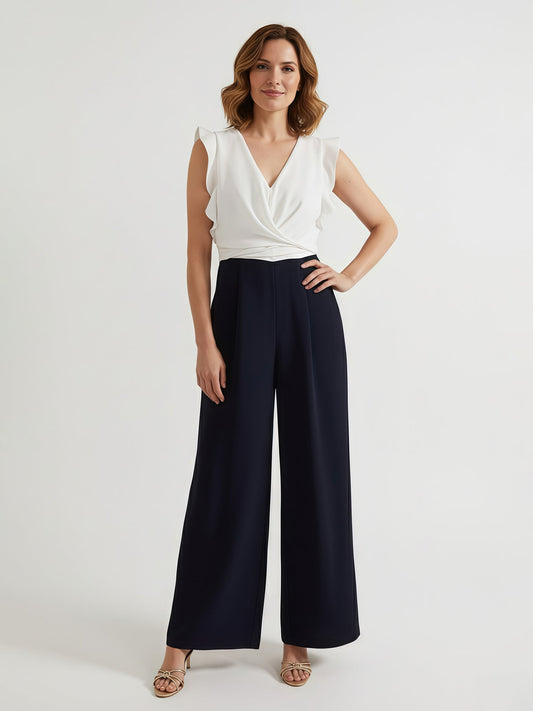 V-neck Flutter Sleeves Pleated Jumpsuit With Bow As Picture