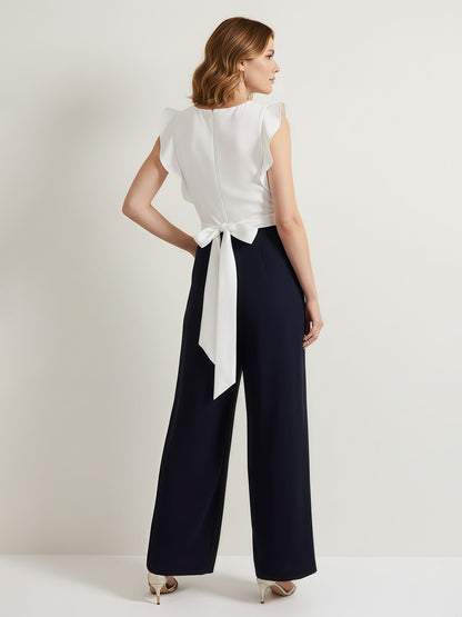 V-neck Flutter Sleeves Pleated Jumpsuit With Bow As Picture