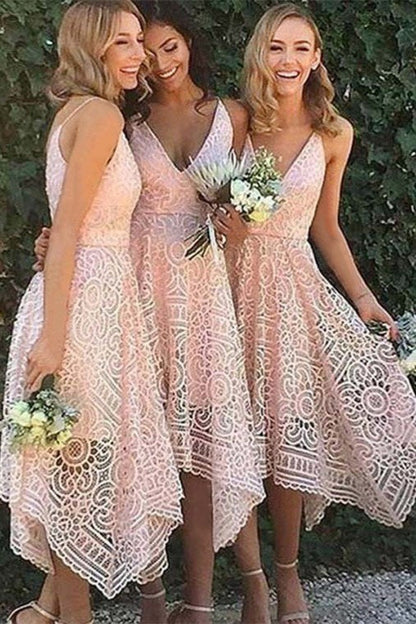 Asymmetrical V-Neck Pink Lace Bridesmaid Dress