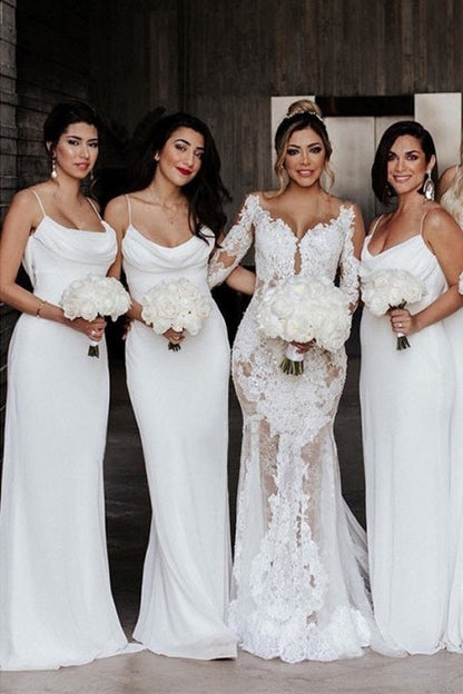 Cowl Neck Mermaid White Chiffon Bridesmaid Dress