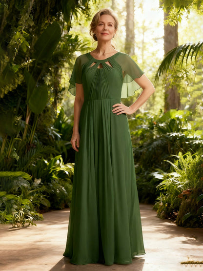 Pleated A-Line Flutter Sleeves Chiffon Long Dress Moss