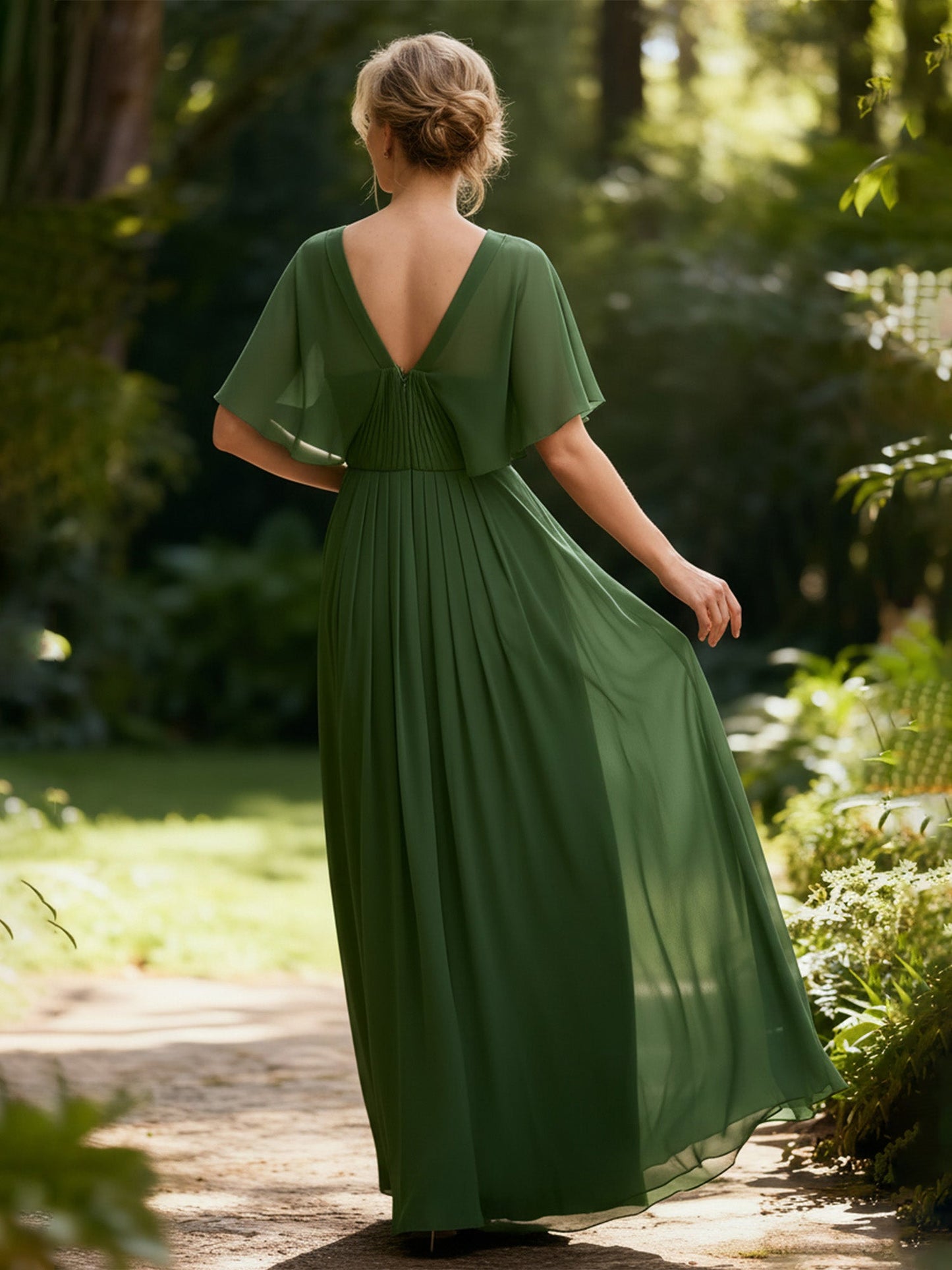 Pleated A-Line Flutter Sleeves Chiffon Long Dress Moss