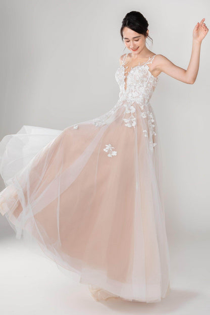 A-Line Sweep-Brush Train Tulle Lace Wedding Dress CW2534