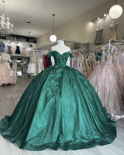 Off The Shoulder Ball Gown Green Sweet 16 Dress c2563
