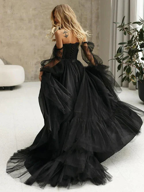 Aimishang Elegant Black Corset A-Line Long Sleeves Wedding Dresses With Off-The-Shoulder