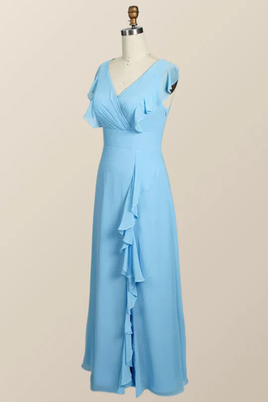 Blue Chiffon Ruffles Long Bridesmaid Dress