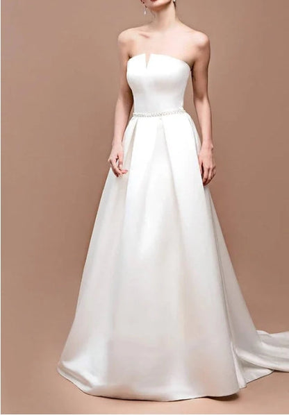 Jewel Strapless Satin Lace Lace-Up Corset Back Wedding Dress