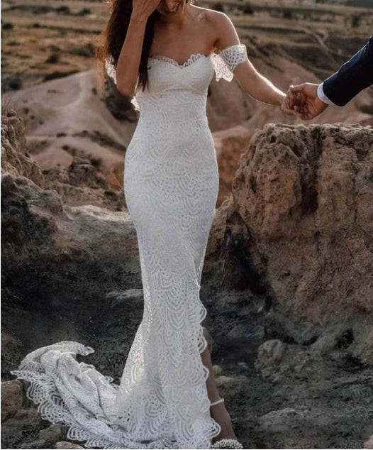 Beach Boho Lace Mermaid Backless Sleeveless White Wedding Gowns