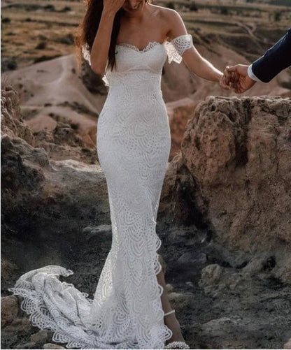 Beach Boho Lace Mermaid Backless Sleeveless White Wedding Gowns