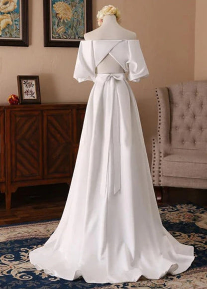 Off-the-Shoulder Simple White Satin Wedding Dress with