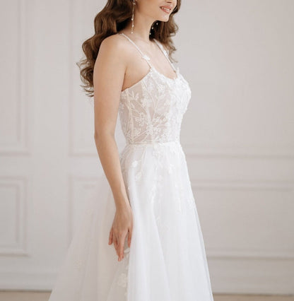Floral wedding dress with trained skirt bridal gown with slim spaghetti straps boho maxi dress