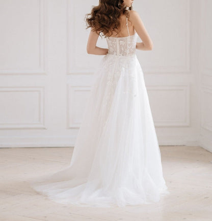 Floral wedding dress with trained skirt bridal gown with slim spaghetti straps boho maxi dress