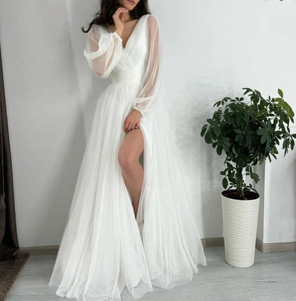 Floor Length A-Line Fit & Flare with Long Sleeves and Side Slit Bridal Dress White A-Line Maxi with Sleeves