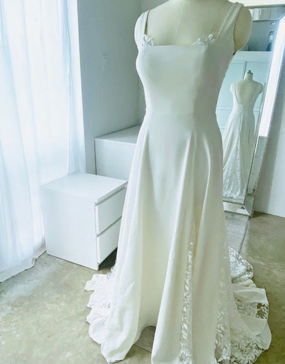 With Lace Detail And Train Boho Style Aline Wedding Dress Custom Square Neckline Wedding Dress For Brides