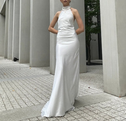 Wedding Dress In Ivory Beach Dress Halter Top With Open Back Satin Simple Wedding Dress