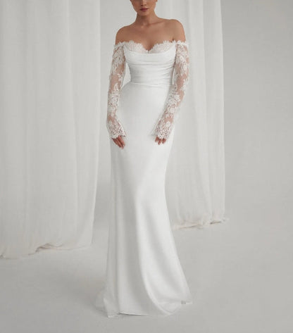 Elegant satin Off-Shoulder Lace Sleeve Bridal Gown with Classic Corset & Train. Open low back wedding delicate dress
